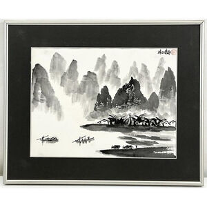 Vintage Chinese Ink Wash Landscape Painting Guilin Boats Water Buffalo Framed